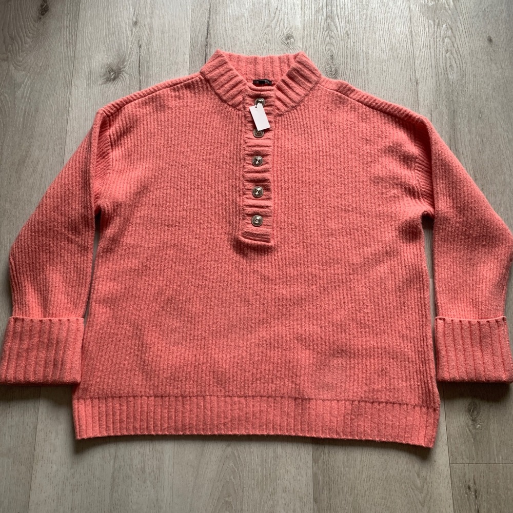 Talbots Women Coral Pink Ribbed Mock Neck Rhinestone Button Sweater XL NWT‎